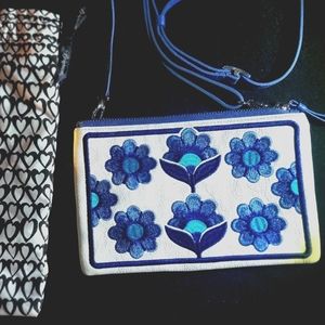 BRIGHTON SMALL BLUE & WHITE EMBROIDERED CROSSBODY POUCH